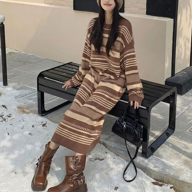Winter Clothing H&M - Vintage Striped Knitted Long Dress Women's