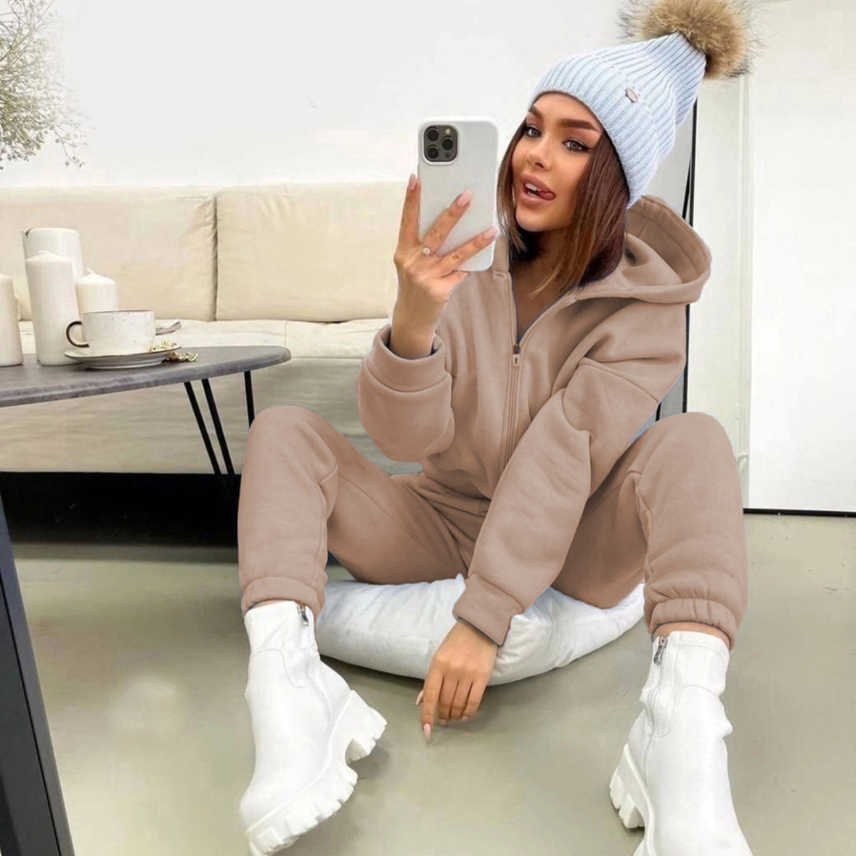 Winter Clothing Sales - Zipper Hooded Coat Pants Sets Women